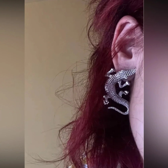 Alligator Silver Textured Statement Earrings - Picture 4 of 5